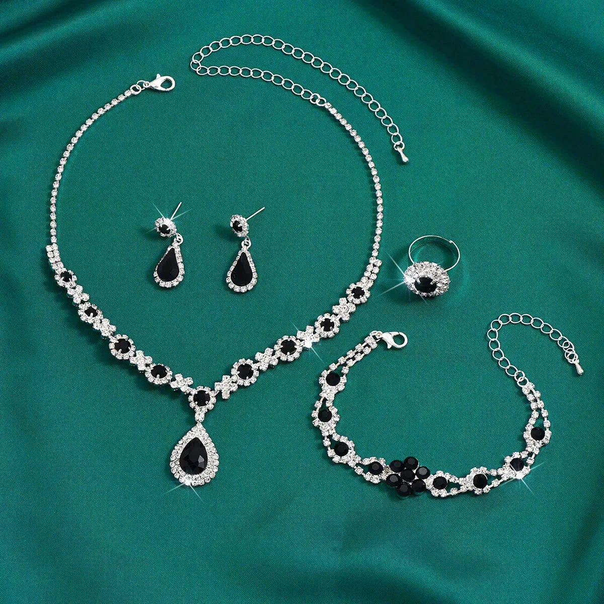 Silver Color Crystal Drop Necklace Earrings Bracelet Ring Jewelry Set