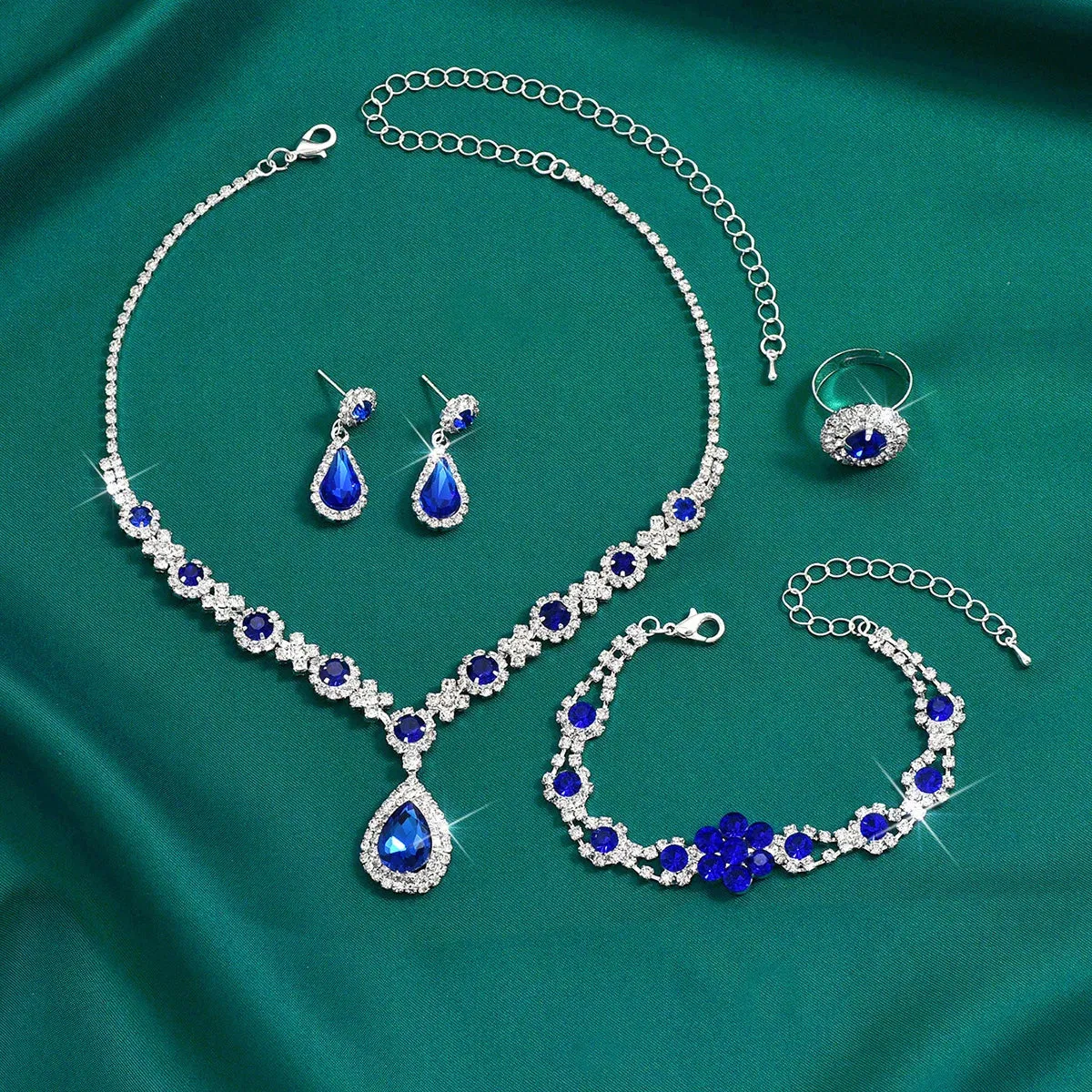 Silver Color Crystal Drop Necklace Earrings Bracelet Ring Jewelry Set