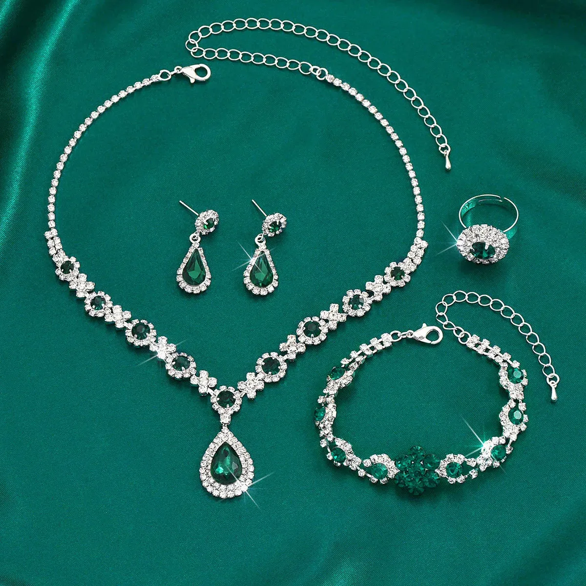 Silver Color Crystal Drop Necklace Earrings Bracelet Ring Jewelry Set