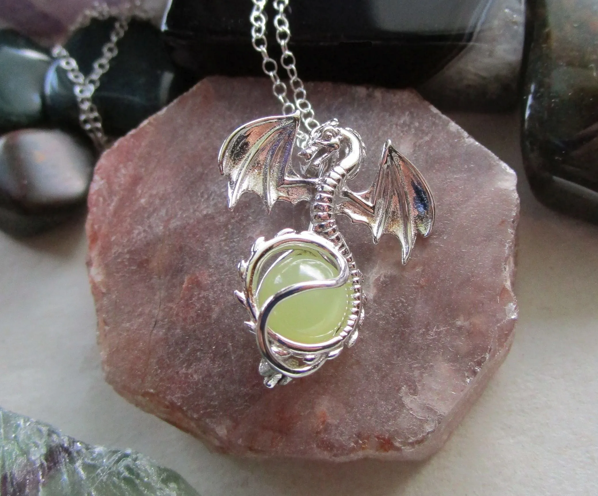 Silver Dragon Locket Cage with Yellow Citrine Crystal Ball Pendant Necklace