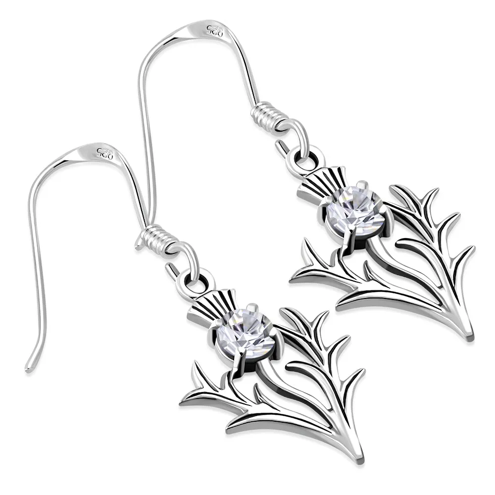 Silver Scottish Thistle Earrings Set w CZ