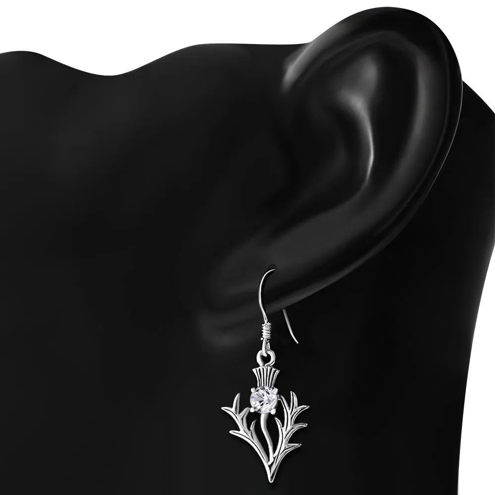 Silver Scottish Thistle Earrings Set w CZ