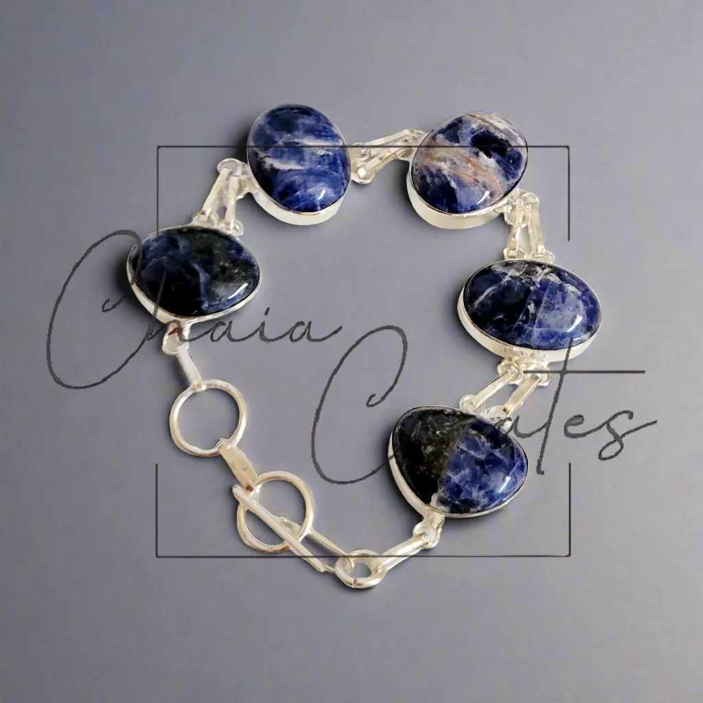 Sodalite Oval and Round Sterling Silver Double Link Bracelet