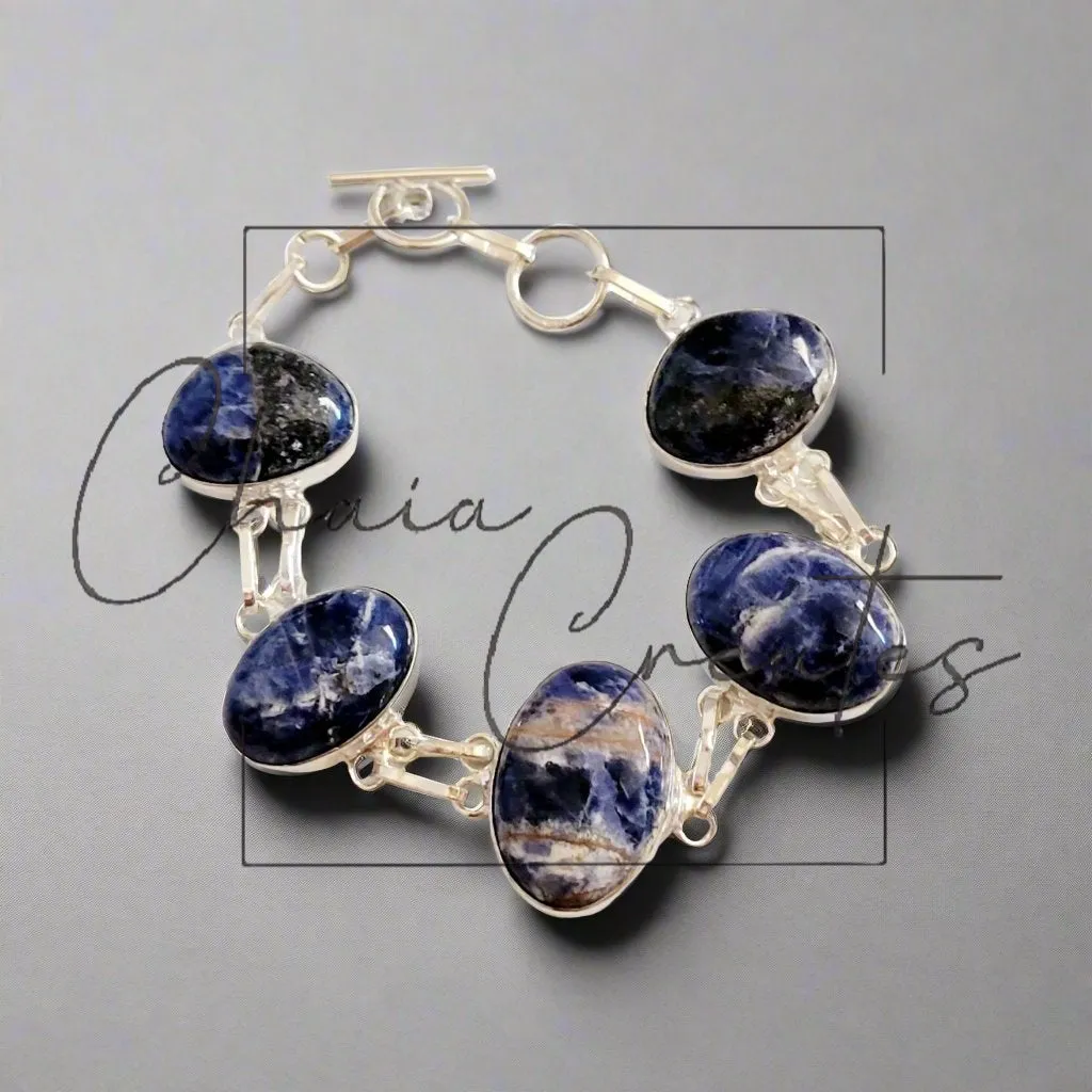 Sodalite Oval and Round Sterling Silver Double Link Bracelet