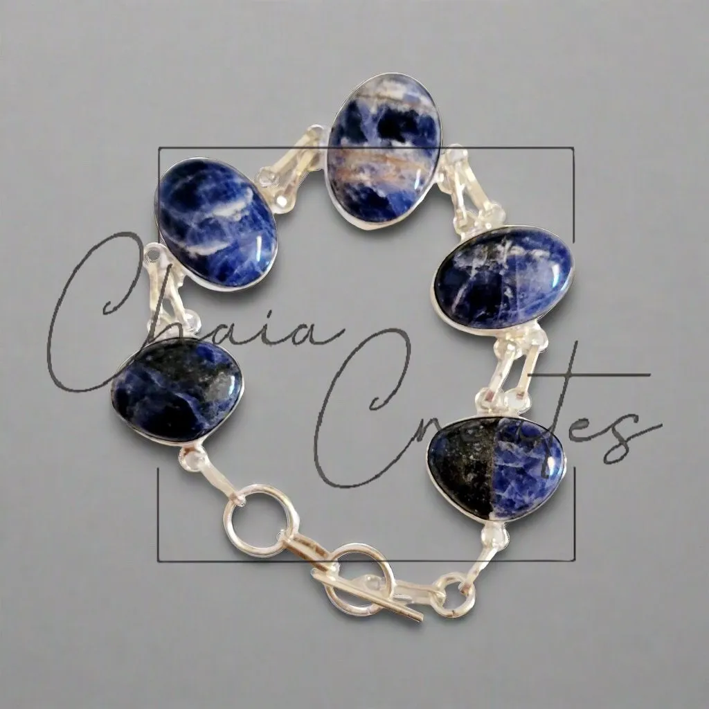 Sodalite Oval and Round Sterling Silver Double Link Bracelet