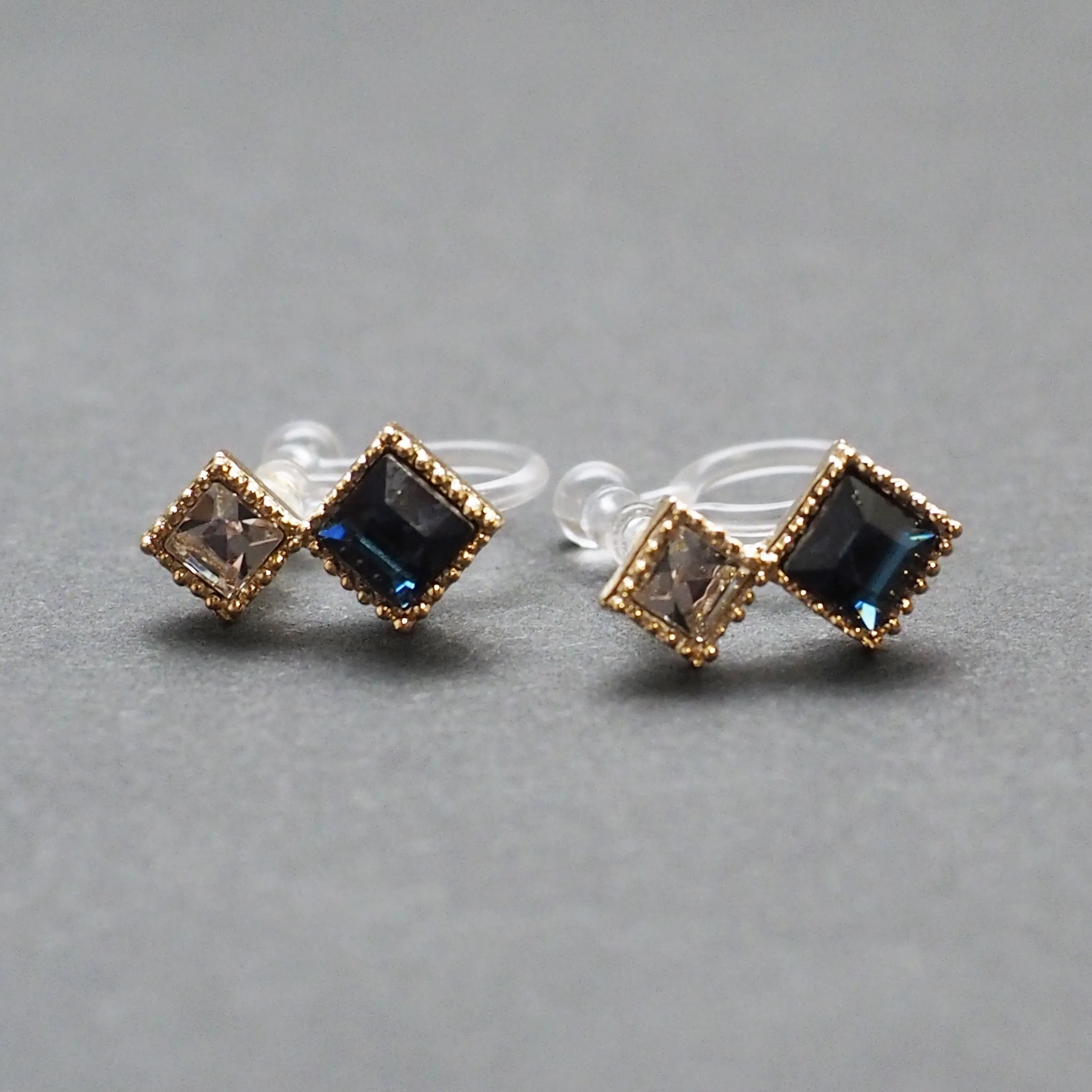 Square Navy Blue & Clear Swarovski Crystal Invisible Clip On Stud Earrings