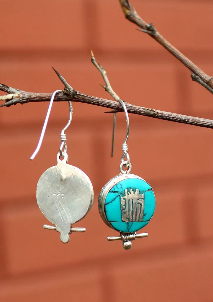 Tibetan Kalachakra Turquoise Inlaid Silver Earrings