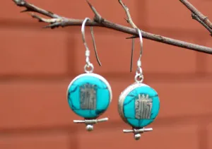 Tibetan Kalachakra Turquoise Inlaid Silver Earrings