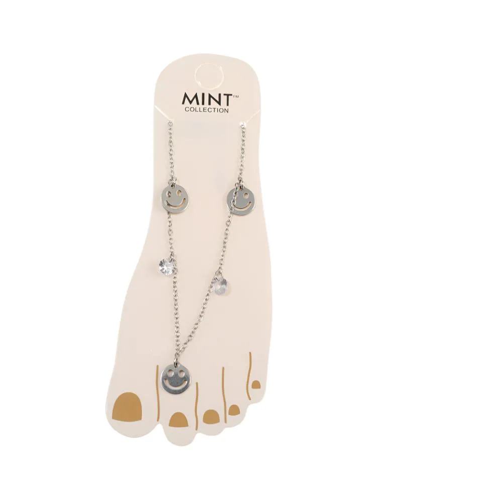 TK1502 - Smiley Face & Crystal Drop Stainless Steel Anklet