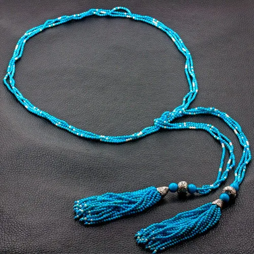 Turquoise & Diamond Double Tassel Necklace