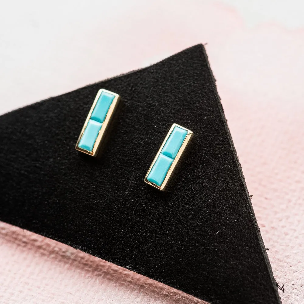 Turquoise Baguette Bar Stud Earrings in 14k Gold