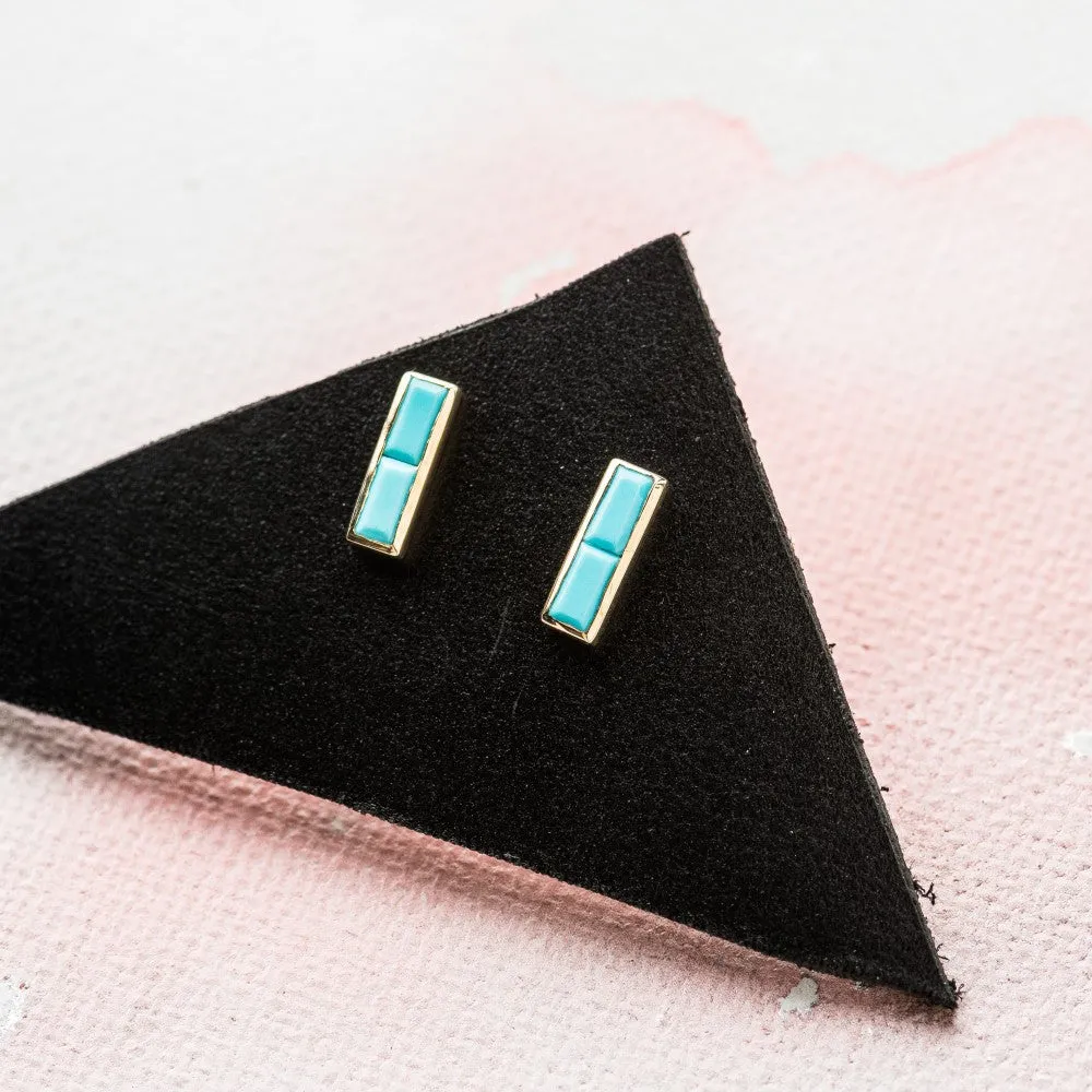 Turquoise Baguette Bar Stud Earrings in 14k Gold