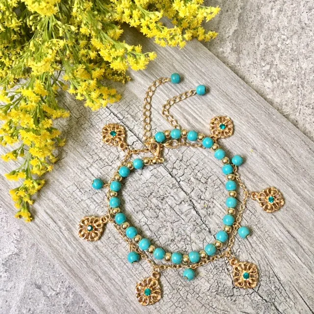 TURQUOISE BLUE BOHO INSPIRED GOLD PLATED 2 PIECE ANKLET / ANKLE BRACELET SET