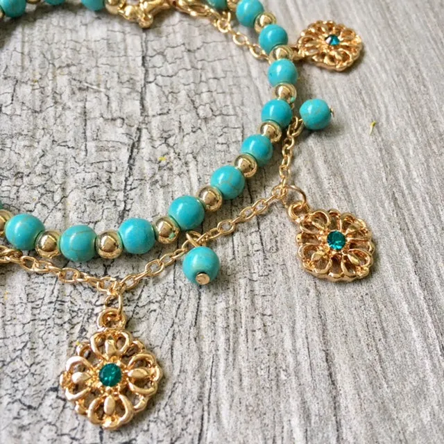 TURQUOISE BLUE BOHO INSPIRED GOLD PLATED 2 PIECE ANKLET / ANKLE BRACELET SET