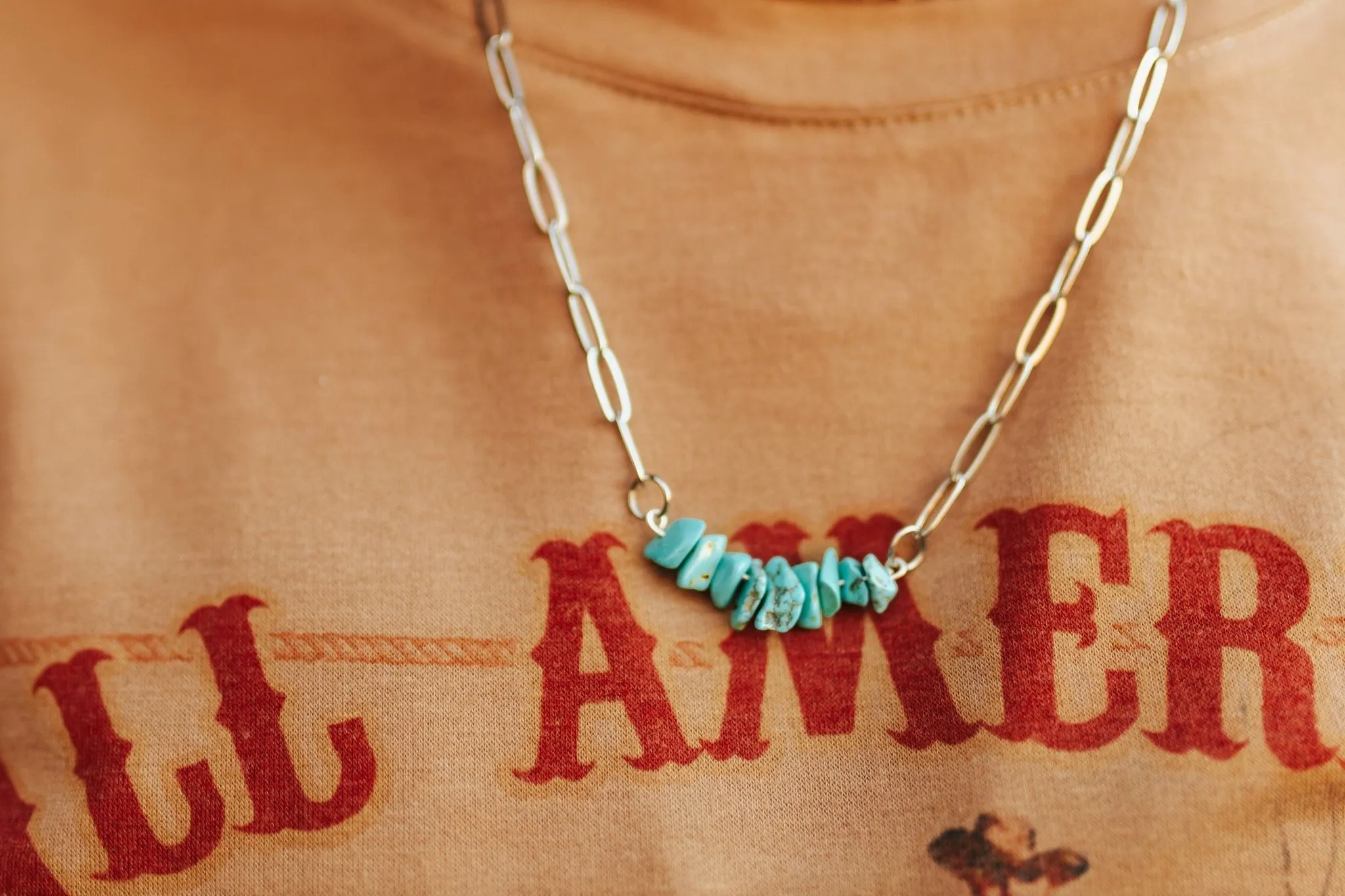 Turquoise Chips Paperclip Chain Necklace