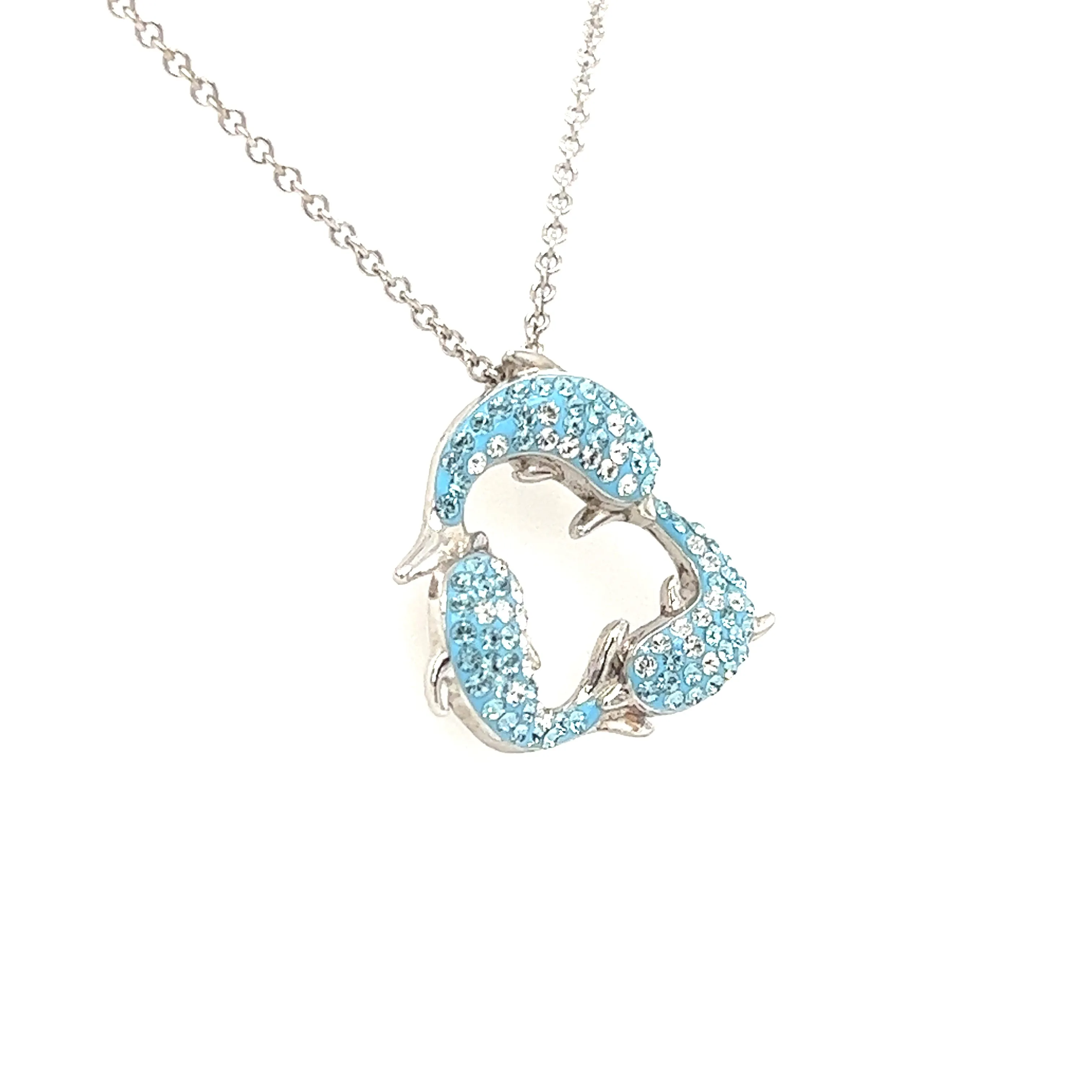 Turquoise Dolphin Trio Necklace with White Crystals in Sterling Silver