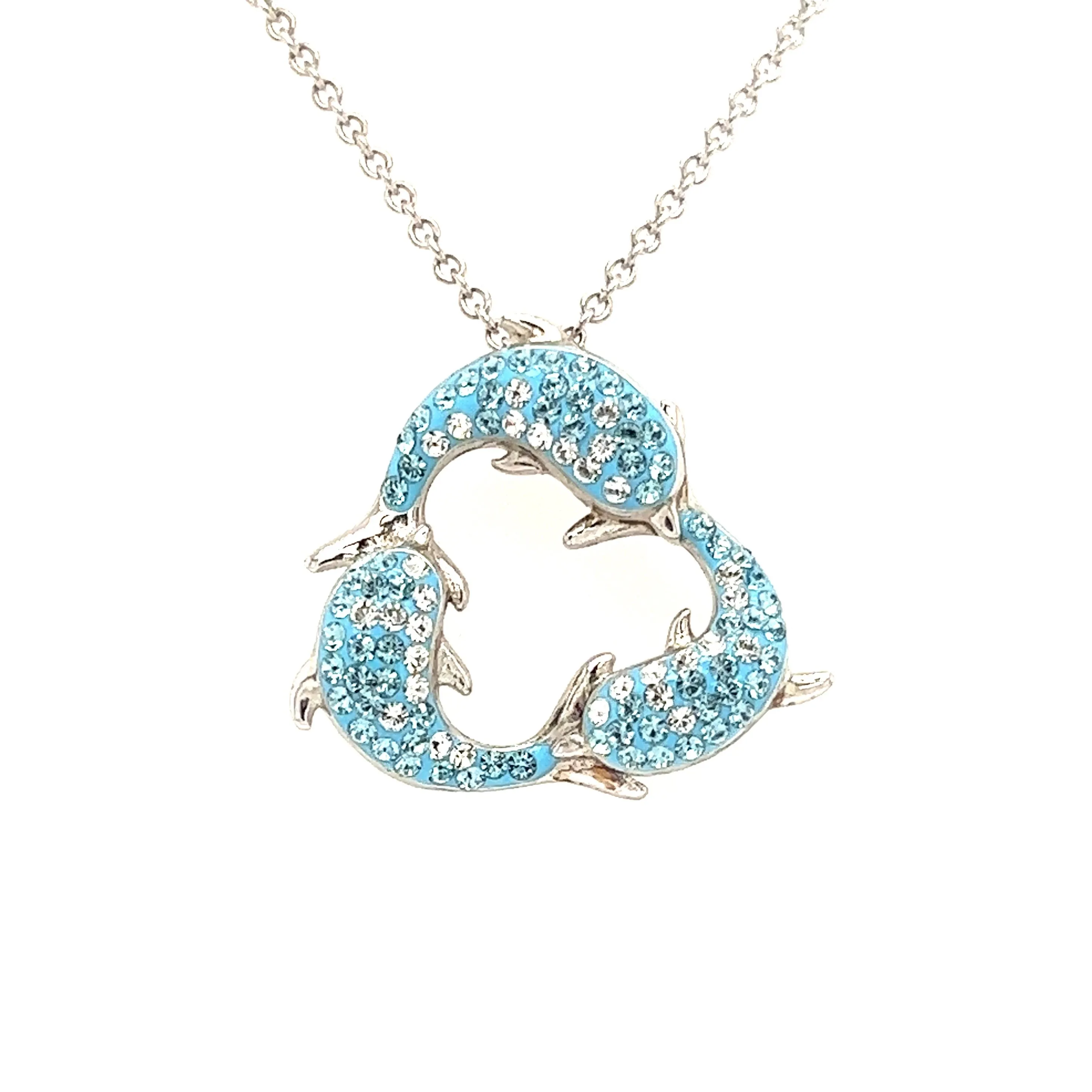 Turquoise Dolphin Trio Necklace with White Crystals in Sterling Silver