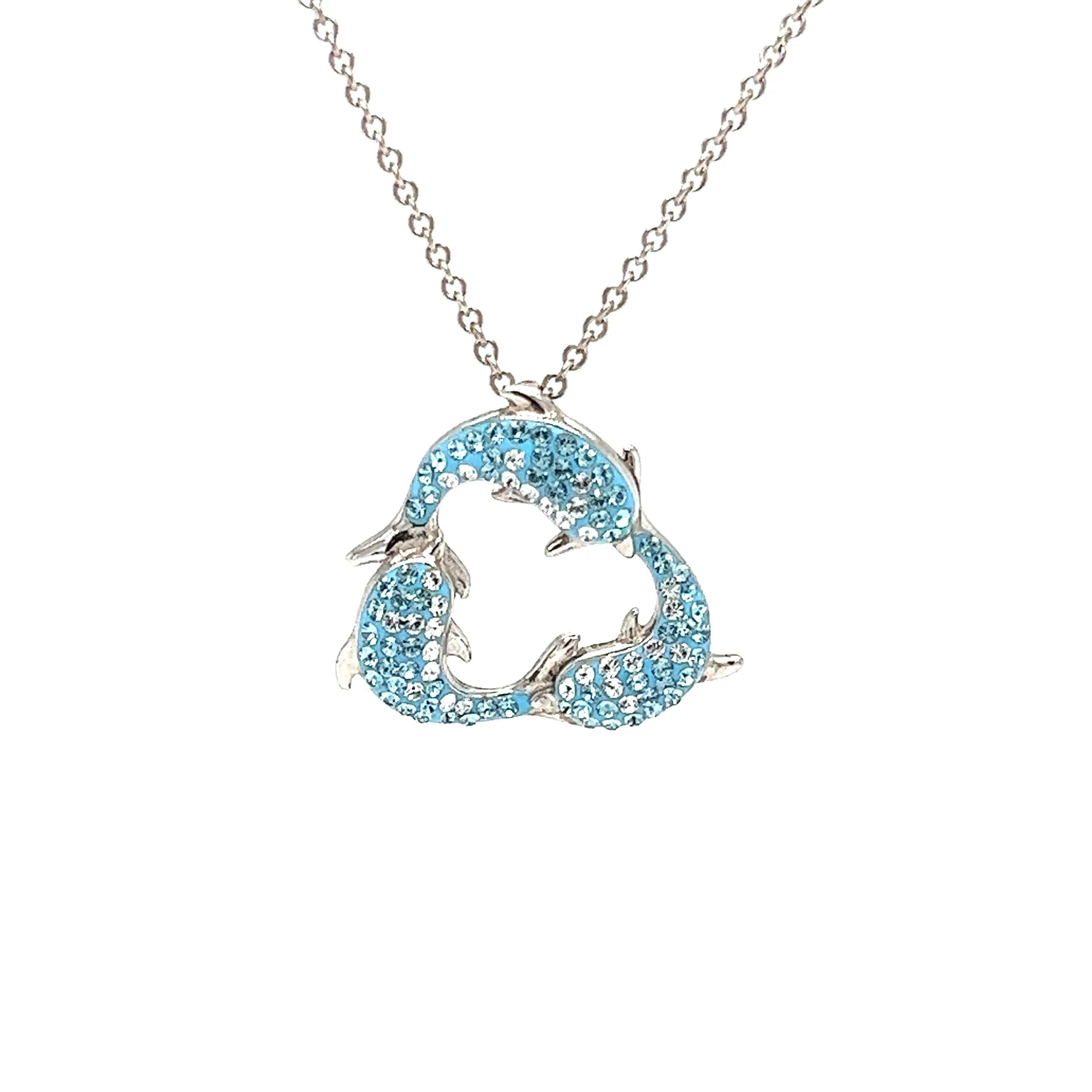 Turquoise Dolphin Trio Necklace with White Crystals in Sterling Silver