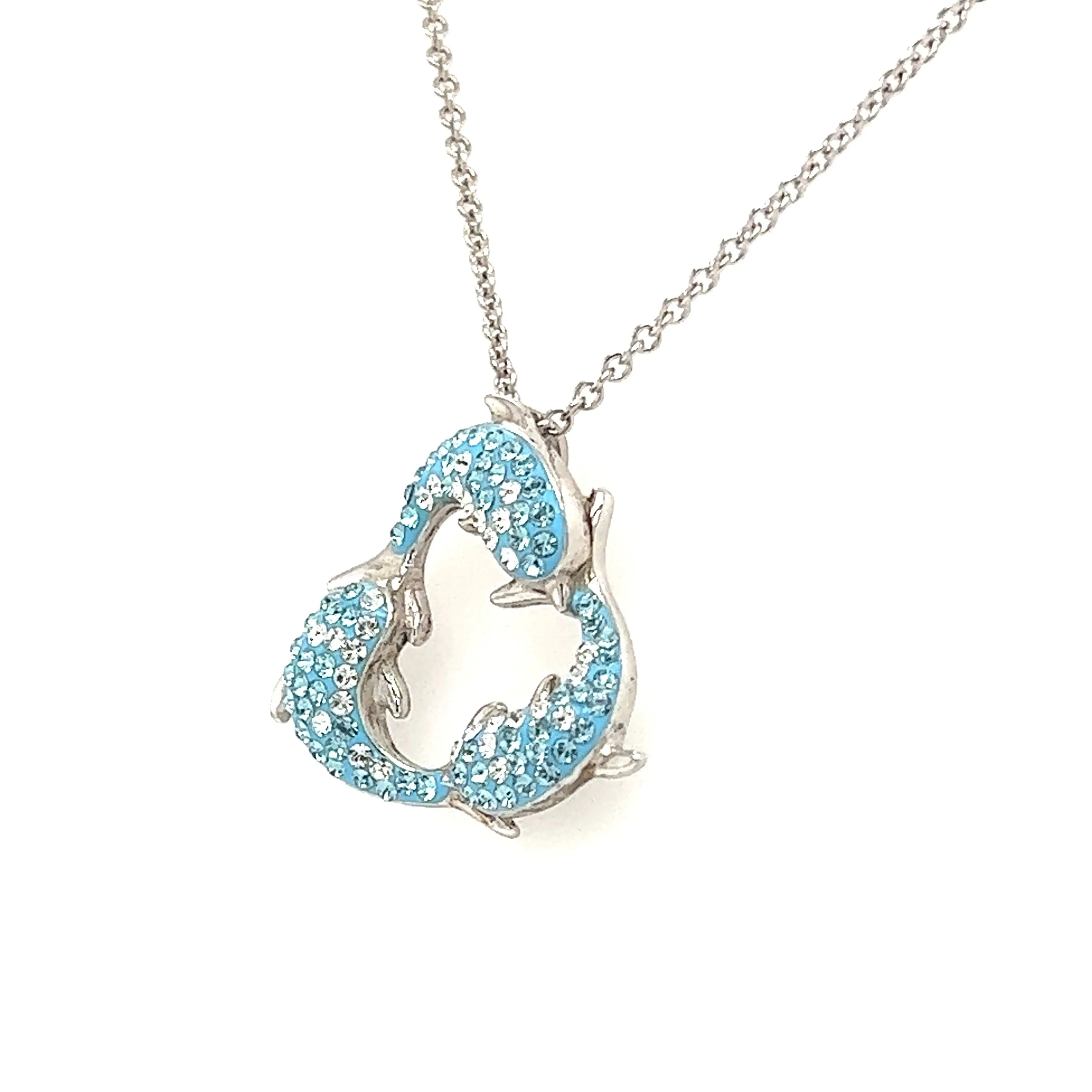 Turquoise Dolphin Trio Necklace with White Crystals in Sterling Silver