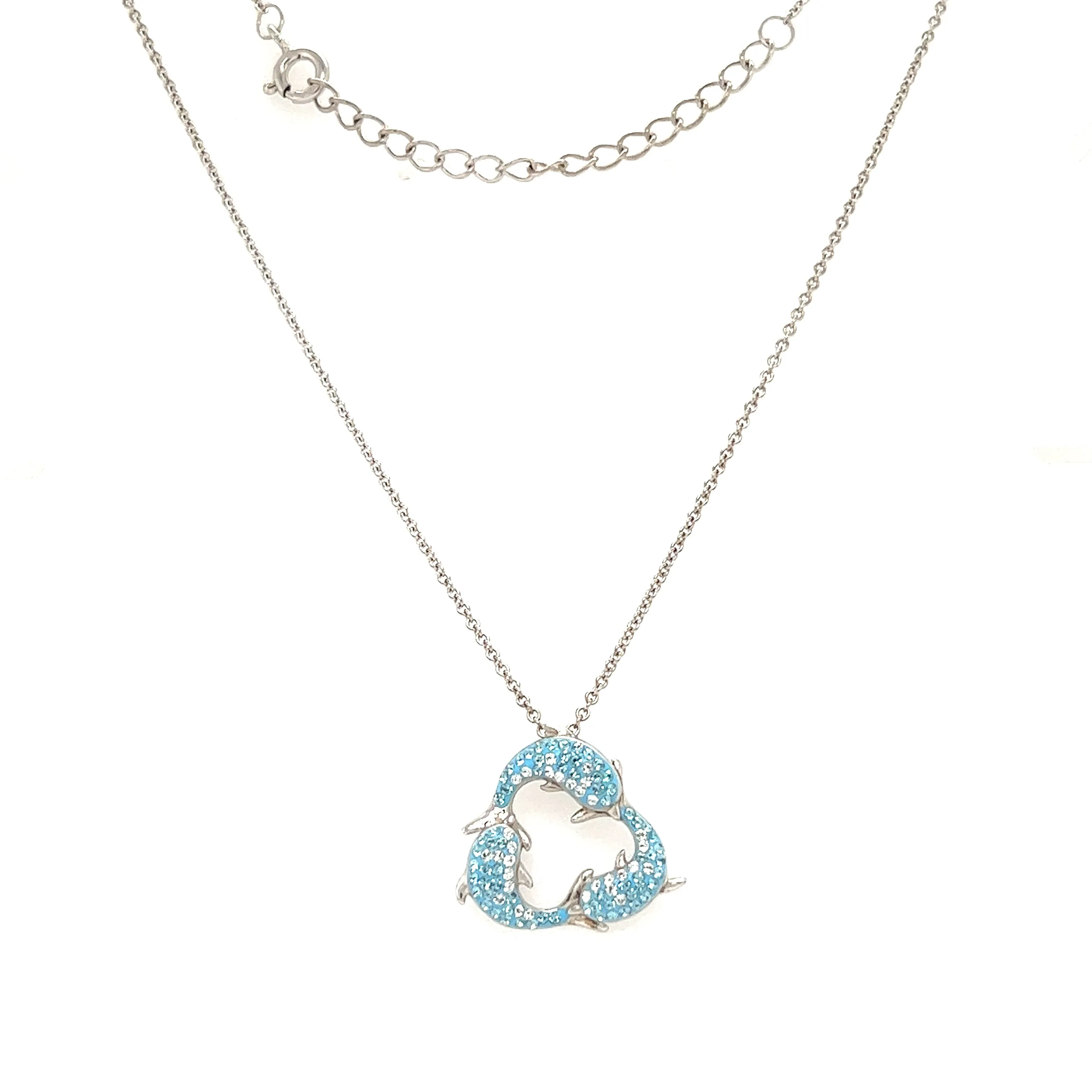 Turquoise Dolphin Trio Necklace with White Crystals in Sterling Silver