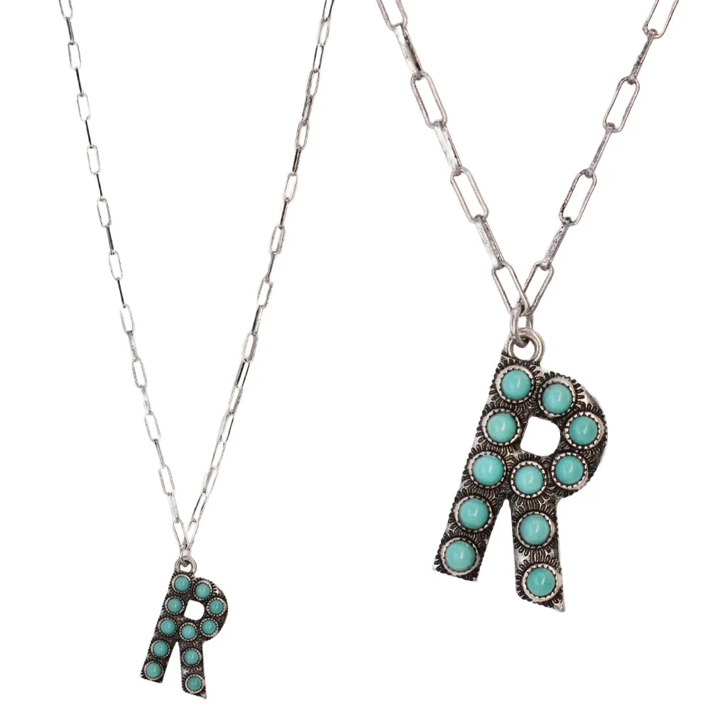 Turquoise Stone Initial "R" Pendant & Link Chain Necklace