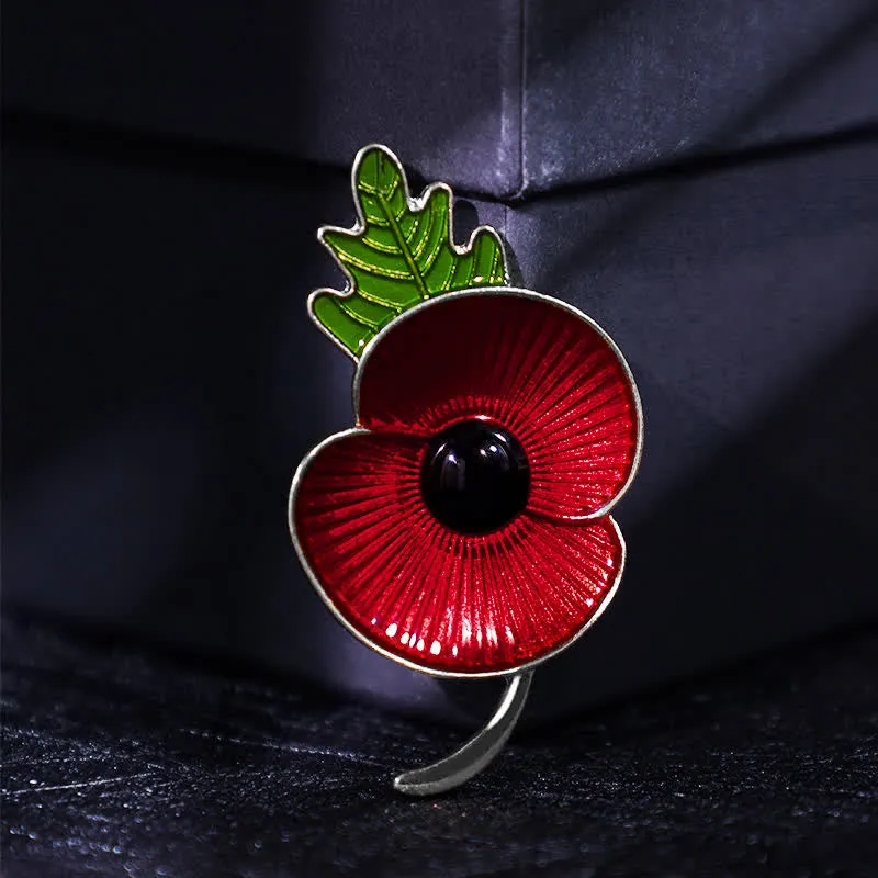 Unisex Memorial Red Poppy Leaf Brooch