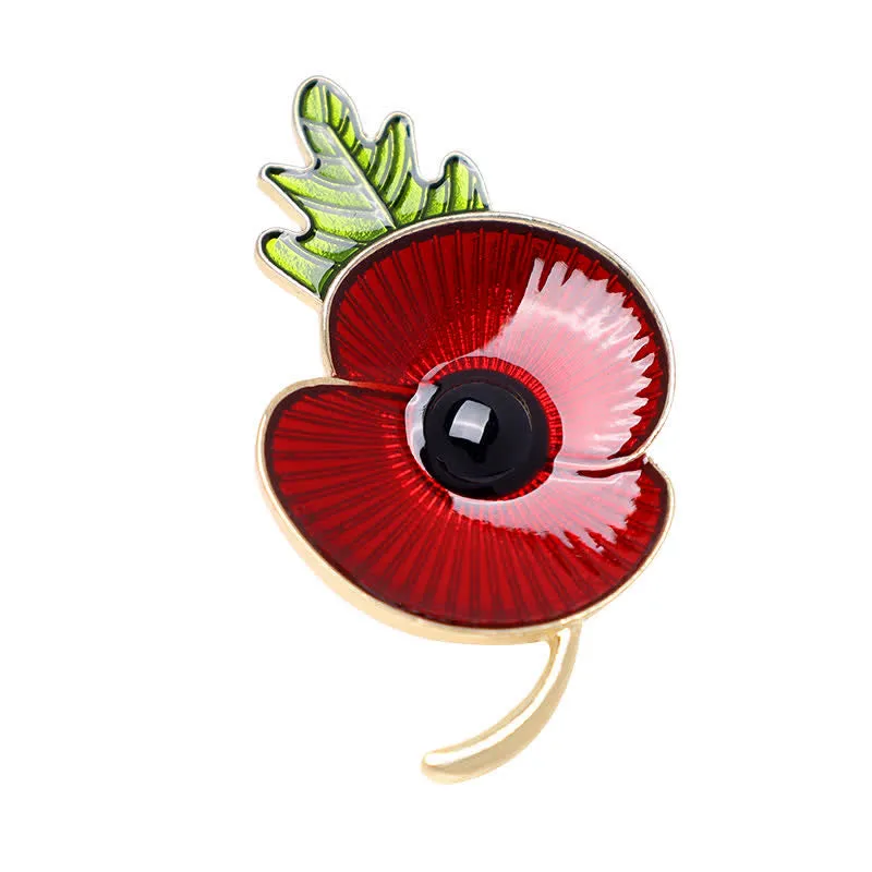 Unisex Memorial Red Poppy Leaf Brooch