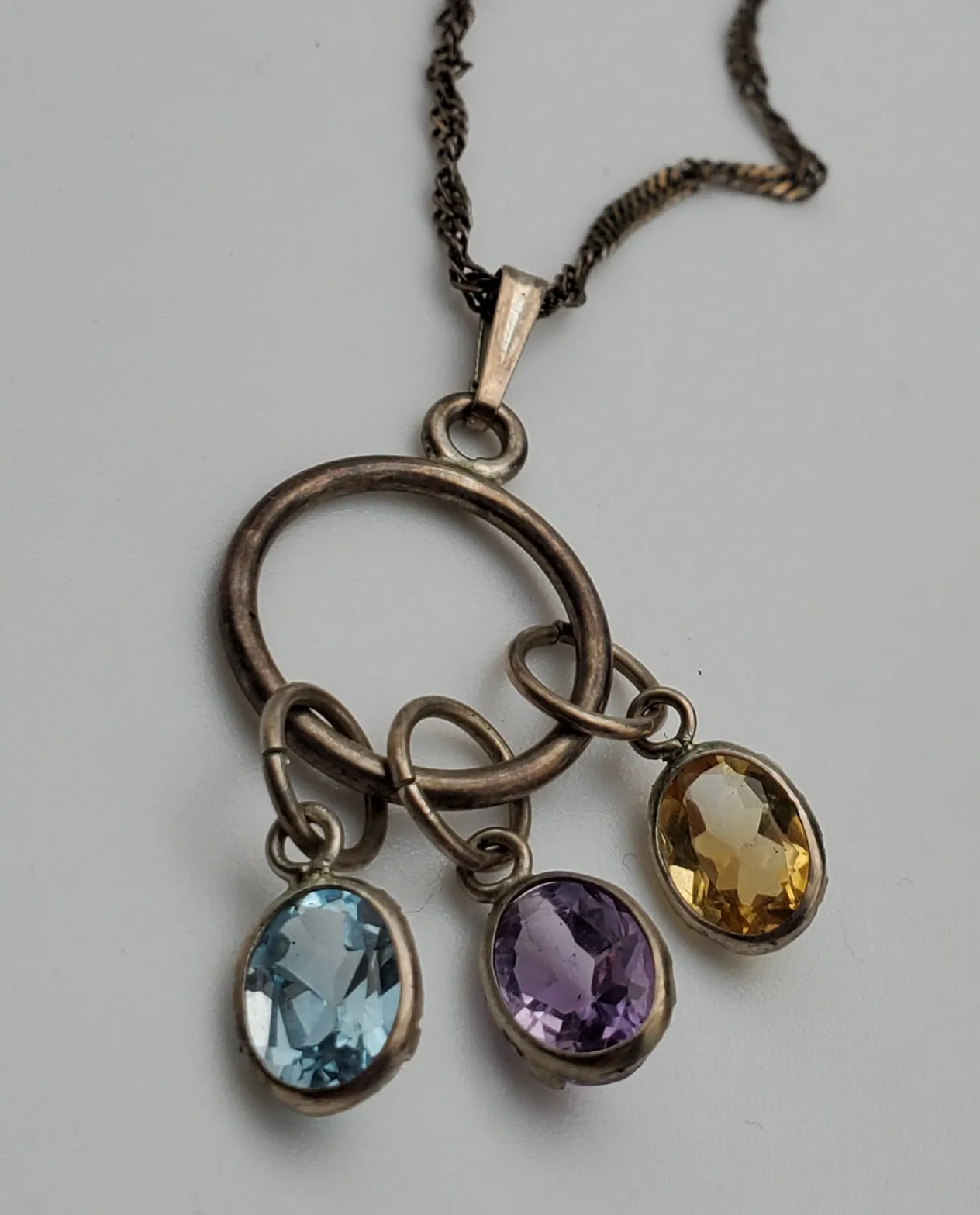 Vintage Blue Topaz, Amethyst, Citrine Dangle Pendant on Italian Sterling Silver Chain Necklace - 16"