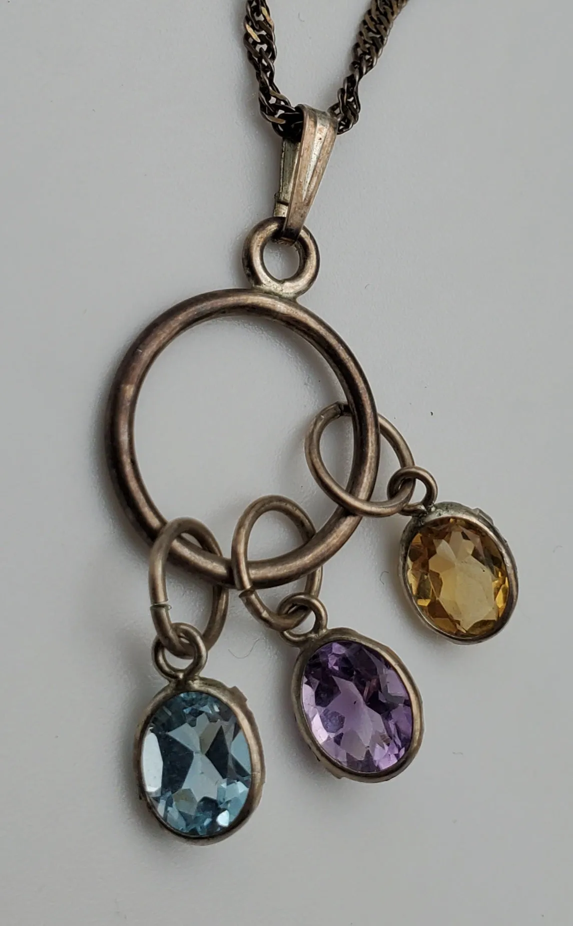 Vintage Blue Topaz, Amethyst, Citrine Dangle Pendant on Italian Sterling Silver Chain Necklace - 16"