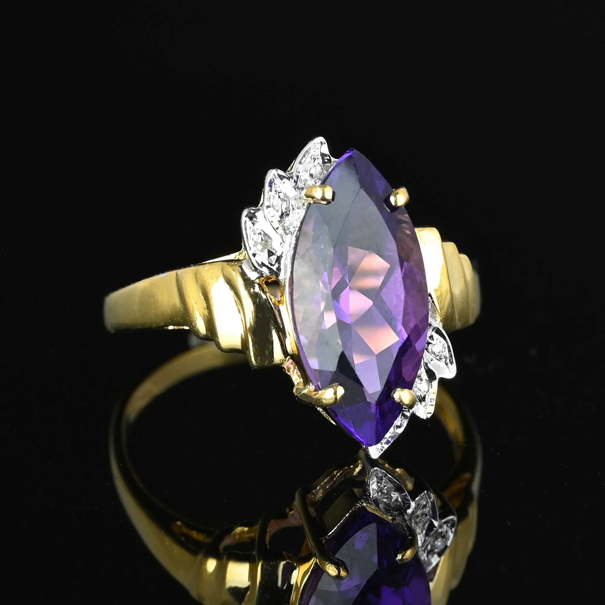 Vintage Diamond Marquise Amethyst Ring in 14K Gold