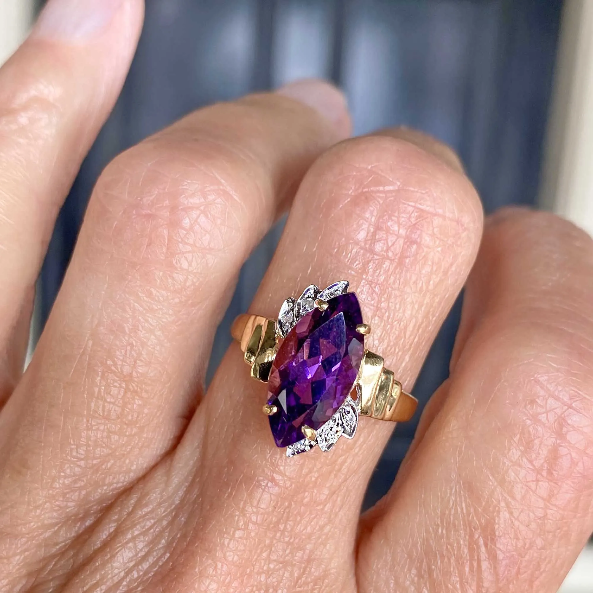 Vintage Diamond Marquise Amethyst Ring in 14K Gold