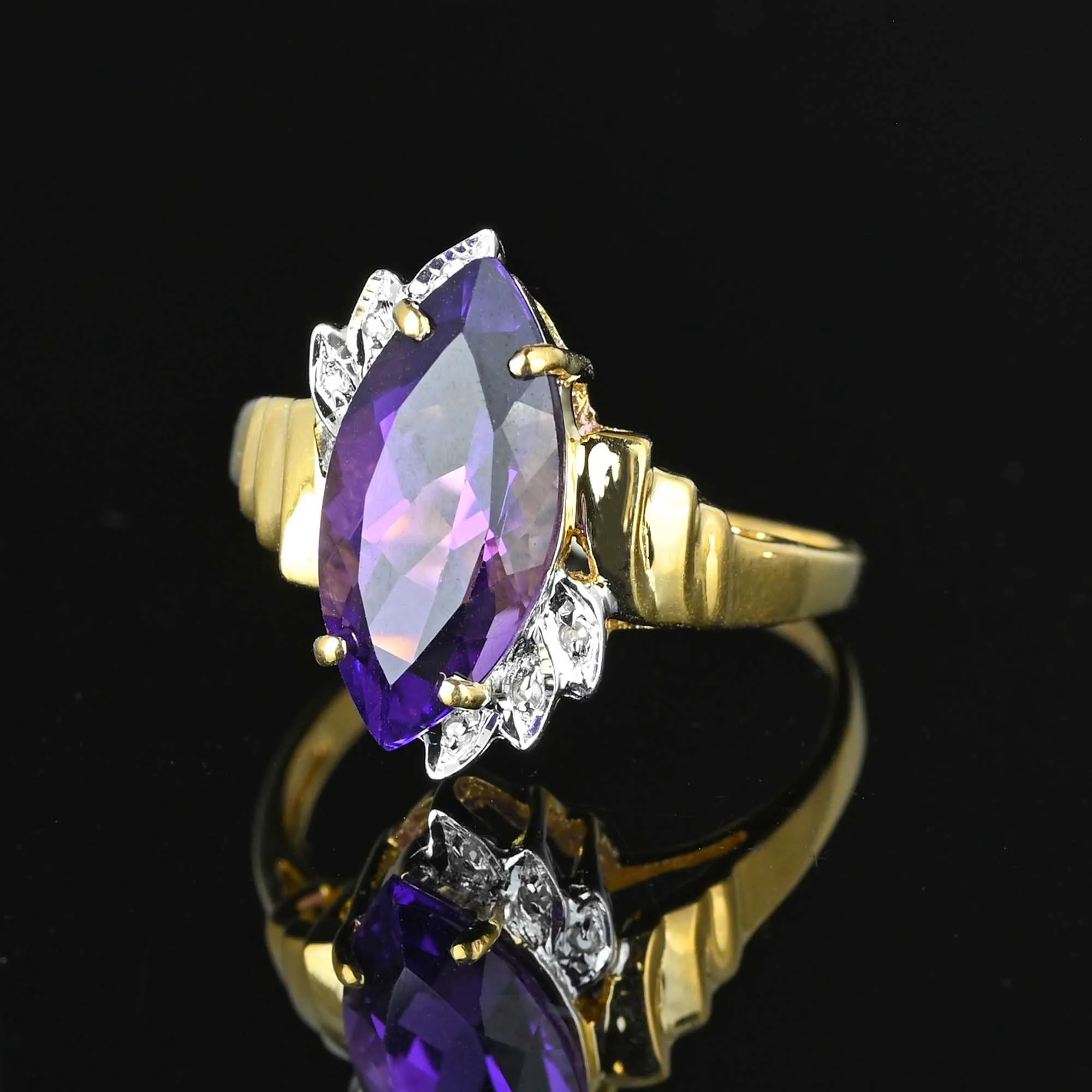 Vintage Diamond Marquise Amethyst Ring in 14K Gold