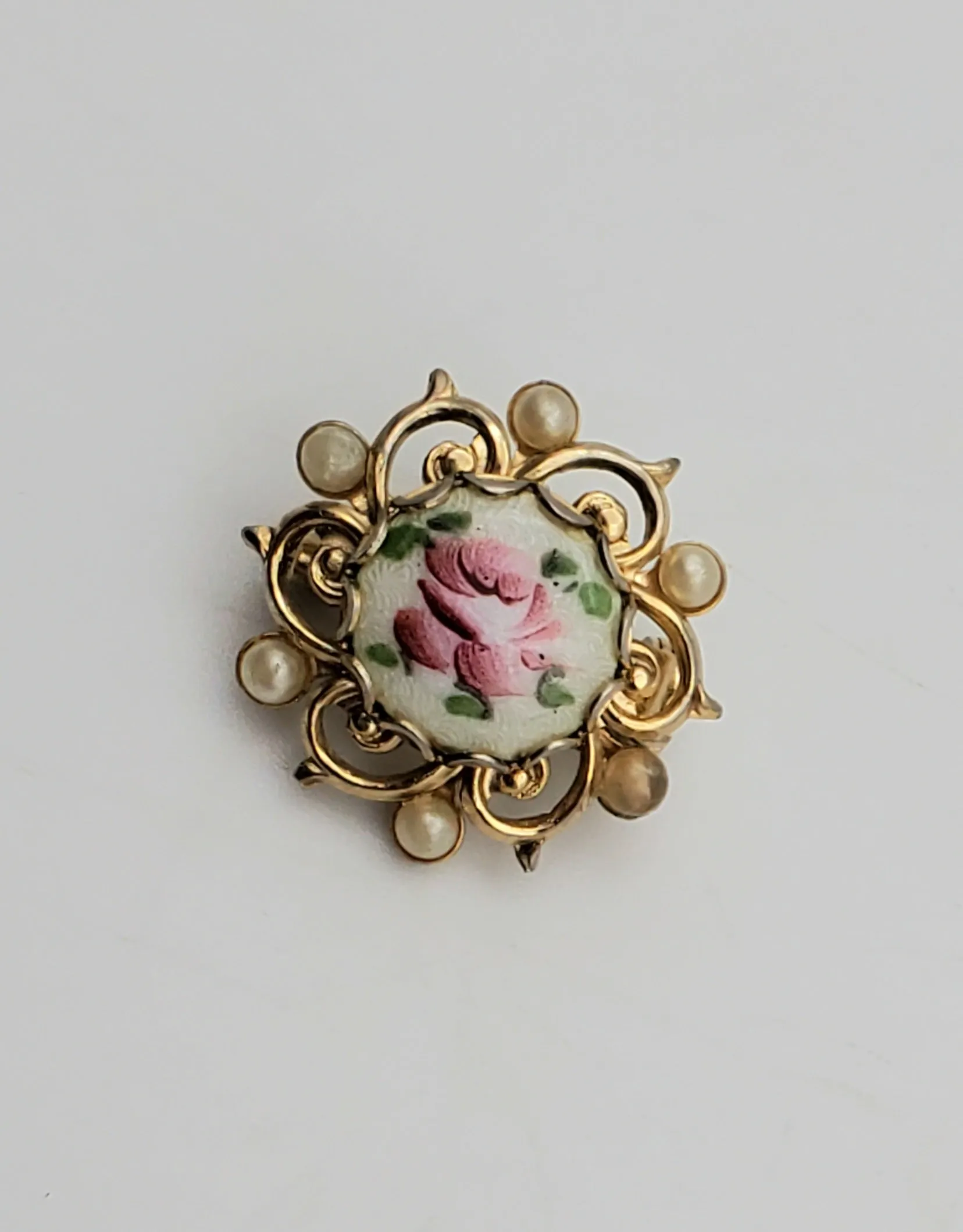 Vintage Hand Painted Guilloche Enamel Gold Tone Brooch