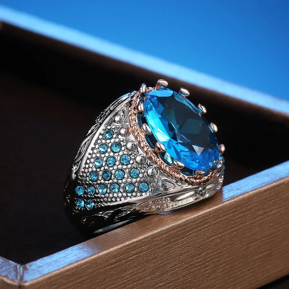 Vintage Jewelry Geometric Blue Marquise Cut Cubic Zircon Cocktail Ring for Women