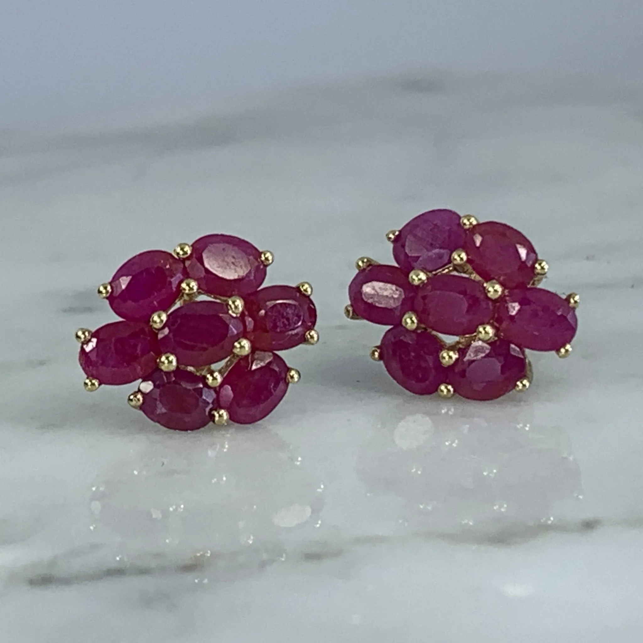 Vintage Ruby Cluster Earrings set in 10K Yellow Gold. July Birthstone. 15th Anniversary. Estate Jewelry.