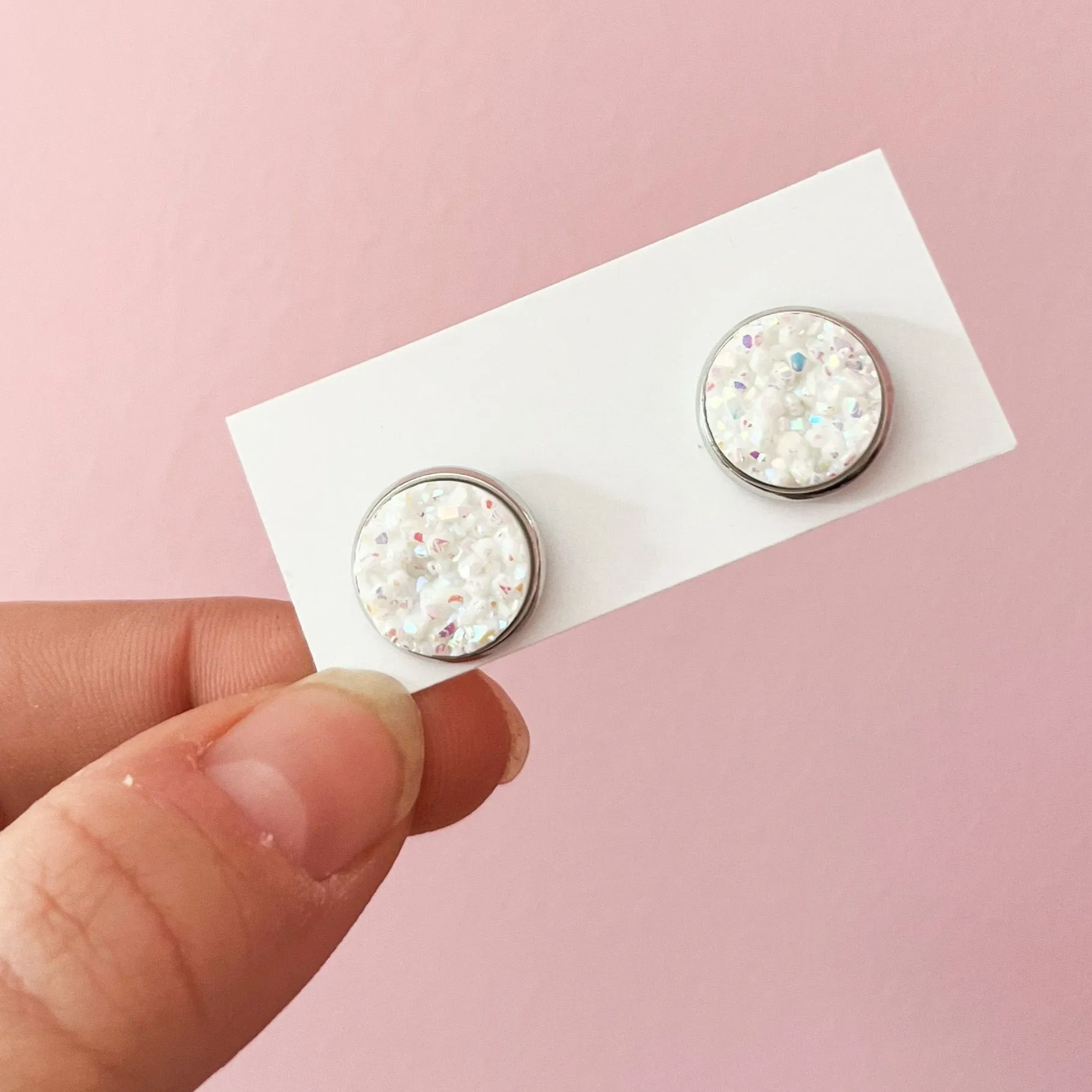 White Iridescent Glitter Stud Earrings