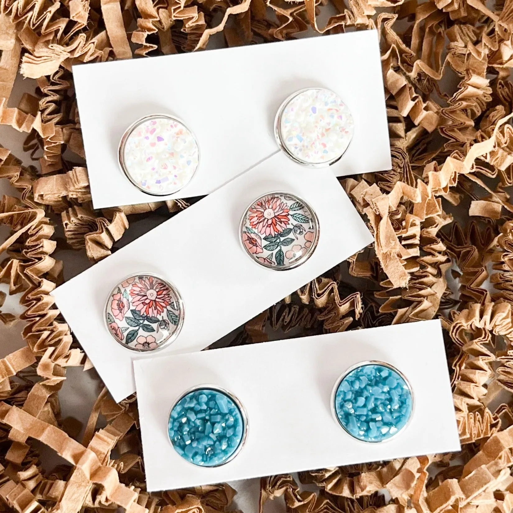 White Iridescent Glitter Stud Earrings