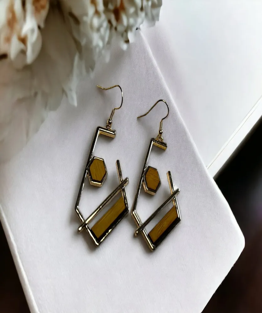 Wood Geometry Drop Earrings Statement Vintage Bohemian Abstract